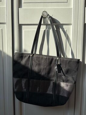Coach Black Signature Stripe Canvas Tote